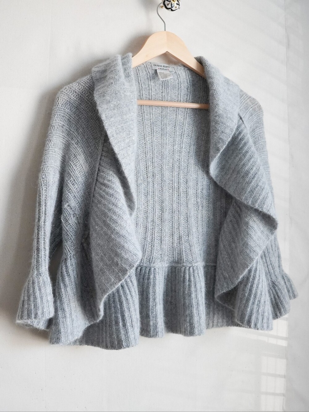 GUESS Jeans Marciano Angora Lambswool Ruffle Peplum Cardigan Sweater XS